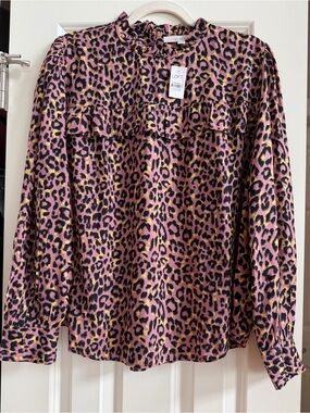 NWT LOFT Pink Leopard Print Ruffle Blouse Sz L Pastel Fall Cheetah Office